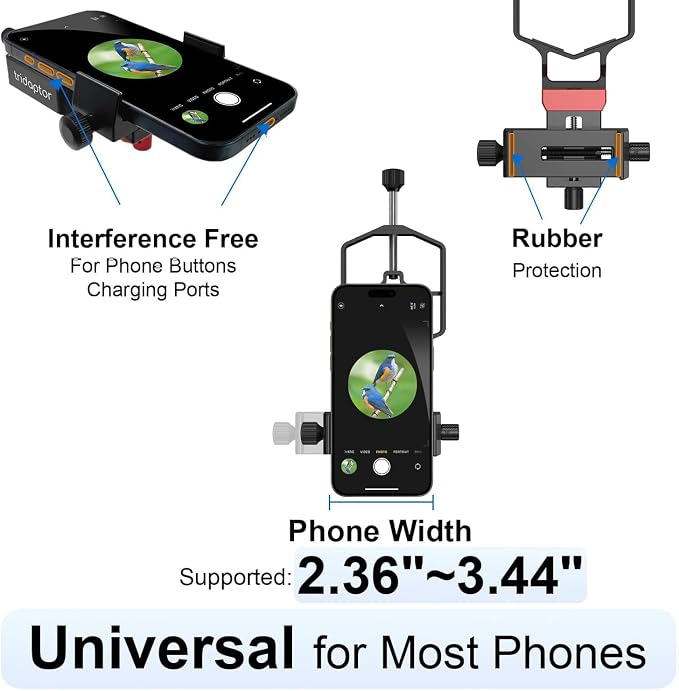 tridaptor - Universal Digiscoping Adapter | High-Precision Phone to Telescope 3-Axis Metal Holder Mount for Spotting Scope Monocular Microscope|Fits 2.4" Eyepiece Max&Most Cell Phone Camera