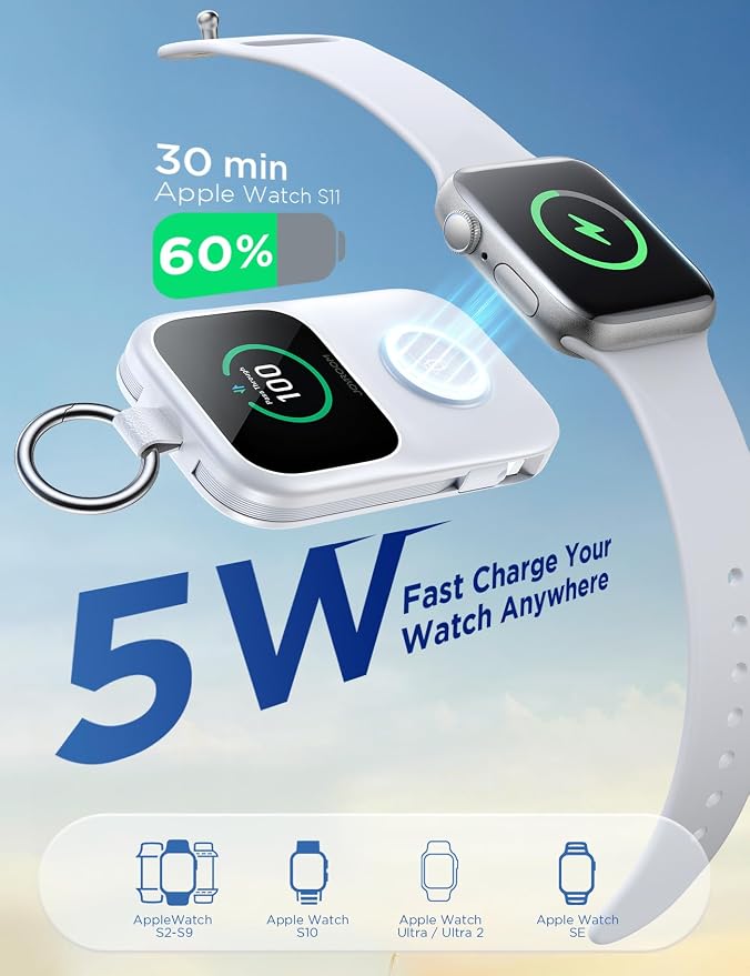 JOYROOM Portable Charger for Apple Watch, 5000mAh Power Bank 20W PD Fast Charging Dual Built-in Cables &4 Outputs, Compact Travel Keychain Battery Pack for iPhone 17/16/15/14/13& Apple Watch, White