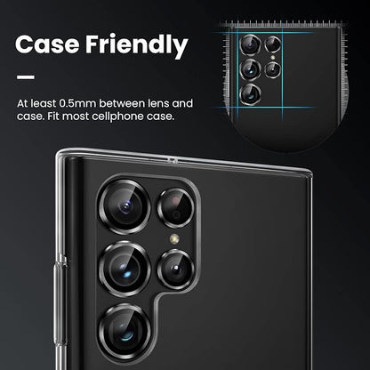Tensea [3+2PCS for Samsung Galaxy S22 Ultra Camera Lens Protector, 9H Tempered Glass Camera Cover Screen Protector Metal Individual Ring for S22 Ultra 5G 2022 [Installation Tray][Removal tool]- Black