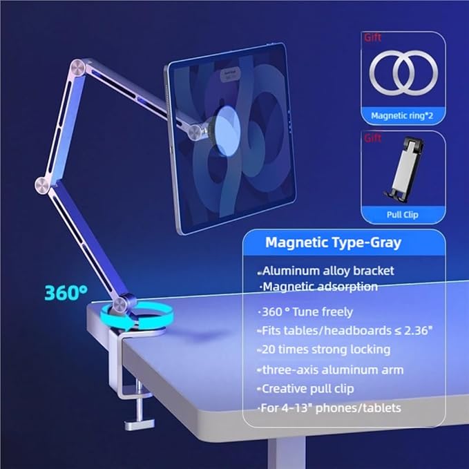Magnetic Heavy Duty Metal Phone/Tablet Holder for Bed Adjustable Foldable Stand for Desk Aluminum Universal Lazy Bracket 360° Rotation Flexible Long Arm (Silver, Magnetic)