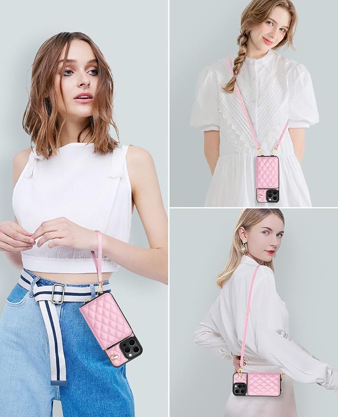OCASE Compatible with iPhone 16 Pro Max Crossbody Wallet Case with Card Holder, PU Leather Zipper Handbag Phone Purse with RFID Blocking Kickstand Wrist Strap Lanyard 6.9 Inch, Diamond Check Pink