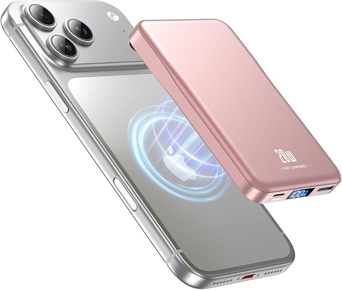 Magnetic Portable Charger, 10000mAh for Magsafe Battery Pack, 20W Fast Charging Power Bank, Travel Essential of Wireless Charger Compatible with iPhone 17/16/15/14/13 Pro/Max/Air/Plus-Rosegold