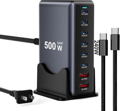 500W Fast Charging 8 Port USB C Charger Block with Nylon Fast Charging Cable, Multi-Device Charging Station Wall Desktop Charger with GaN Ⅲ Technology, USB-C Charger Adapter for MacBook/iPad/iPhone 17
