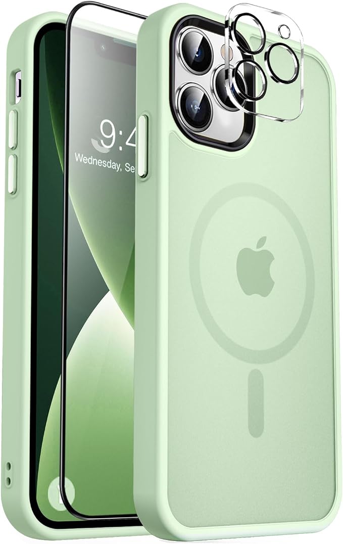MOCCA Strong Magnetic for iPhone 13 Pro Max Case,[Compatible with Magsafe][Glass Screen Protector+Camera Lens Protector] Slim Thin Shockproof Cover Phone Case for iPhone 13 Pro Max 6.7", Light Green