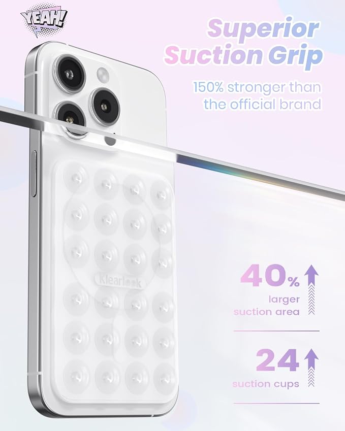 Klearlook Magnetic Suction Phone Mount for MagSafe Case, Removable Sticky Phone Grip Holder for Hands-Free Makeup/Selfie/Live Streaming/Vlog for TikTok & Instagram Influencer/Creator, Transparent