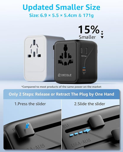 “Pro” Universal Travel Adapter 3 USB-C＆ 2 USB-A Cover 200+ Countries | GaN 45W, International Plug Adapter, All in One Portable Adapter, NOT A Voltage Converter, for USA, UK, EU, AU (Black)