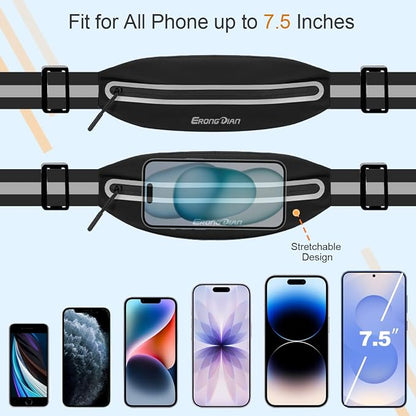 Slim Running Belt for Men, Water Resistant Fanny Pack for Women, Cell Phone Holder for Running Walking Cycling, Adjustable No Bounce Running Waist Pack for iPhone 17 16 15 Samsung - Black
