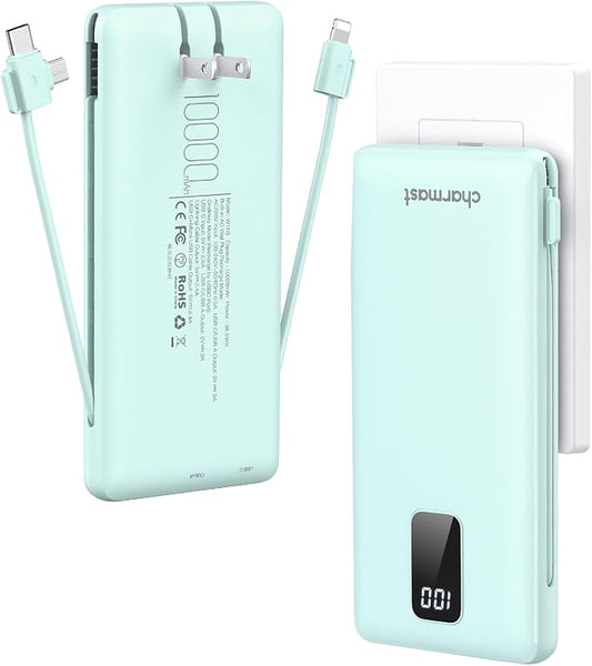 charmast Portable Charger with Built-in Cables and Plug, 10000mAh USB C Power Bank Fast Charging, External Battery Pack Slim, Travel Essentials Compatible with iPhones, Samsung Galaxy, iPad