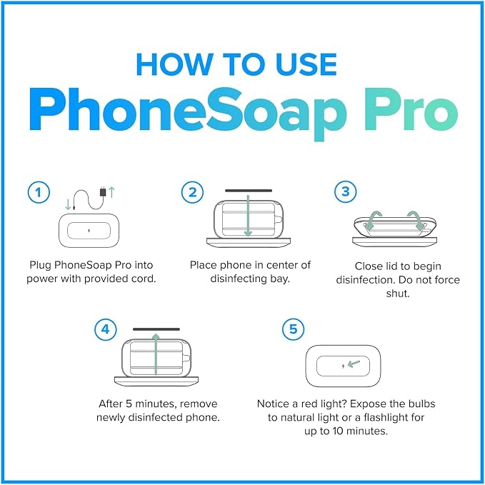 PhoneSoap Pro UV Smart Phone Sanitizer & Universal Cell Phone Charger Box | Patented & Clinically Proven 360-Degree UV-C Disinfection | Disinfects and Charges All Phones (White)