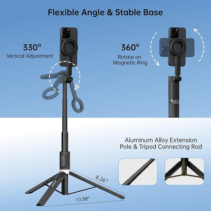 Selfie Stick for iPhone MagSafe, 67" Extendable Magnetic Phone Tripod with Remote, 360° Rotatable Travel Tripod with Metal Ring, Compatible with iPhone 12-17/Samsung Galaxy/Android Phones