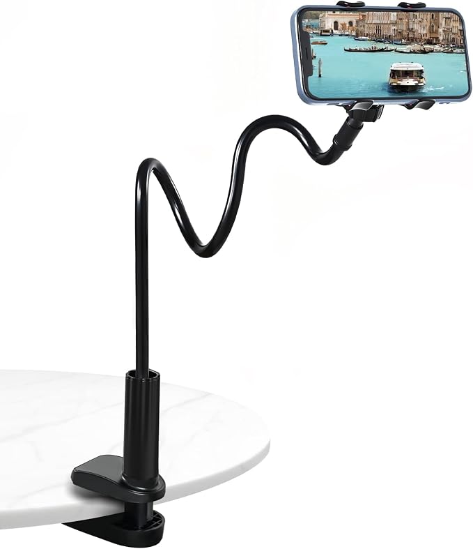 Gooseneck Phone Clamp Mount for Bed, 360° Flexible Arm, Heavy Duty & Stable, Anti-Slip Silicone Grip, Universal for 4–7" Smartphones, Compatible with iPhone 15/14/13 Pro Max, Samsung Galaxy S23/S22