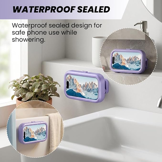 Waterproof Shower Phone Holder: 360° Rotatable Adjustable Bathroom Mobile Stand - Bathroom Wall Phone Mount Stand Anti Fog for Kitchen, Bath - Accessories for 4-7" Cellphones (Purple)
