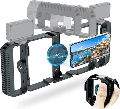 [Wireless Remote] Magnetic Smartphone Video Cage Rig for iPhone 16 15 14 13 12 Pro Max Mini & Magsafe Case,Universal Cell Phone Stabilizer Rig with 6 Cold Shoe Mounts,Phone Cage Rig for Filming