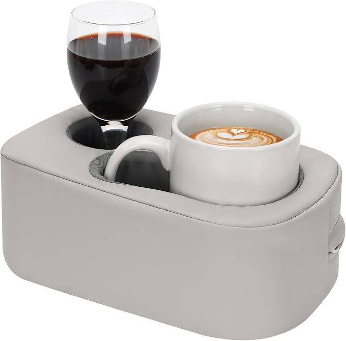 G GOOD GAIN Couch Cup Holder Pillow - Sofa & Bed Organizer Caddy for Drinks, Phones, Remotes, Snacks | Portable Tray for Car, Boat, RV, Picnic,PUGrey