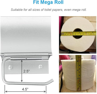 Toilet Paper Holder Wall Mounted with Phone Shelf Tray for Bathroom Restroom Hotel,Aluminum TP Holder Wall Mount with Cover Lid Metal Modern Rust Free Universal Tissue fit Mega Roll, Matte Silver