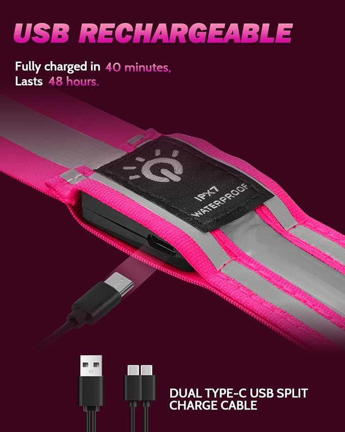 Fitense LED Reflective Belt Sash - 5 Lights Colors & 3 Light Modes High Visibility Night Safety Belt, Rechargeable Light Up Running Gear Adjustable Vest Straps for Runners Walkers Men Women