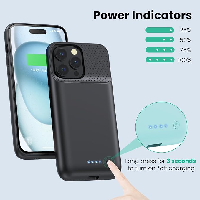 Battery Case for iPhone 15 Pro Max,Powerful 8600mah Ultra-Slim Protective Charging Case,15W Fast Charging Portable Rechargeable Expandable Battery Charger Cover for iPhone 15 Pro Max(6.7inch)-Black