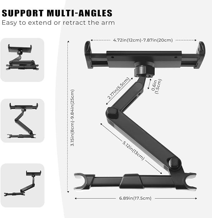 Car Headrest Tablet Holder, Stable Back Seat iPad Mount for Kids, Adjustable Long Arm Vehicle Head Rest Mount Compatible with 4.7-11" iPad Pro/Air/Mini, Samsung Galaxy Tablets, Fire HD