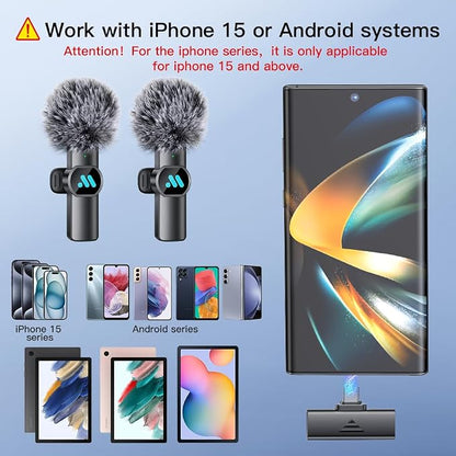 2pcs Lavalier Wireless Microphone for iPhone 15/16/Android Video Recording,Mini Microphone for Game Live Streaming,interviews,YouTube,TikTok,Vlog