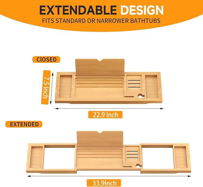 Premium Bamboo Bathtub Caddy Tray with Extending Sides, Adjustable Wood Bath Tray for Luxury Bath, Fits Most Tubs, Accessories Gift Idea