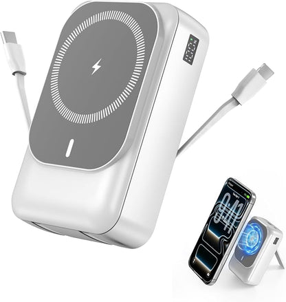 Magnetic Wireless Power Bank 26800mAh, PD 22.5W Type-C Fast Charging Portable Charger 5 Outputs, Battery Pack for Magsafe Built in 2 Cables with Stand LED Display for iPhone 17/16/15/14/13/12-White