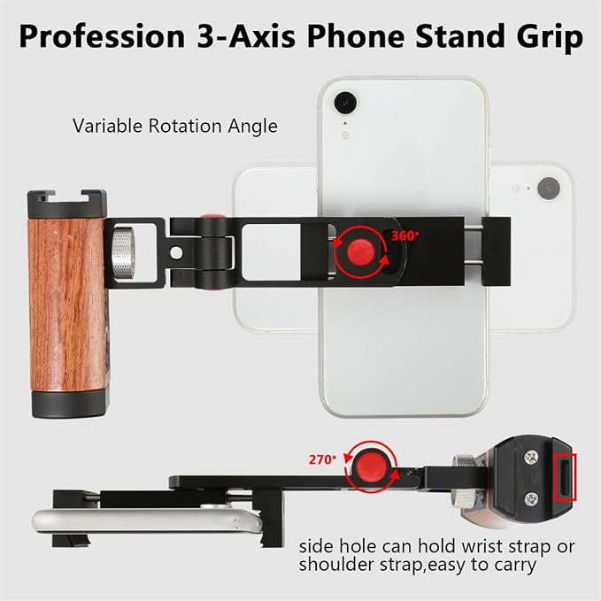Foldable Smartphone Grip Mount with Wrist Strap, Compatible with 1/4” Standard Screw Selfie Stick for Tripod and Cold Shoe Port for Fill Light and Microphone, Compatible with All Smartphones