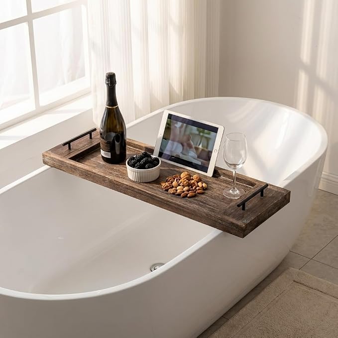 Hanobe Bathtub Tray Bath Caddy: Wood Tub Trays Table Extra Large Rustic Bathtub Shelf Across Tub Wooden Serving Tray with Handles for Bathroom, 31"