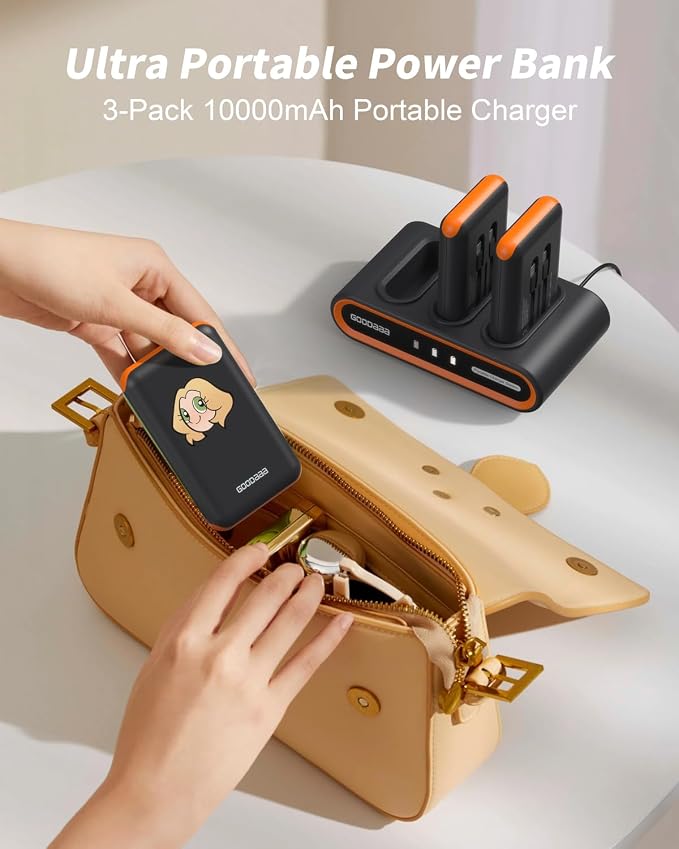 GOODaaa Portable Charger, 3-Pack 10000mAh Slim Power Bank Built in Cables, 3 Outputs 1 Inputs Family Power Hub for All Mobile Devices, Charging Station Set Includes 140 DlY Stickers, for Home,Office