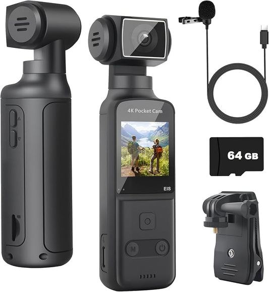 4K Body Camera with External Microphone, Mini Video & Audio Pocket Cam 270° Rotation Camera for Outdoor Sport, Bike, Travel, Police Law Enforcement, Personal Civilians, 64GB Included