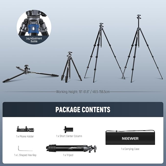 NEEWER LITETRIP LT07 61" Aluminum Travel Tripod for Camera w Pan Tilt Low Profile Ball Head, Arca QR Plate Compatible with PD Tripod Plate, Dual Center Axis, Phone Holder, Max Load 22lb