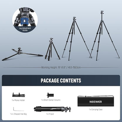 NEEWER LITETRIP LT07 61" Aluminum Travel Tripod for Camera w Pan Tilt Low Profile Ball Head, Arca QR Plate Compatible with PD Tripod Plate, Dual Center Axis, Phone Holder, Max Load 22lb