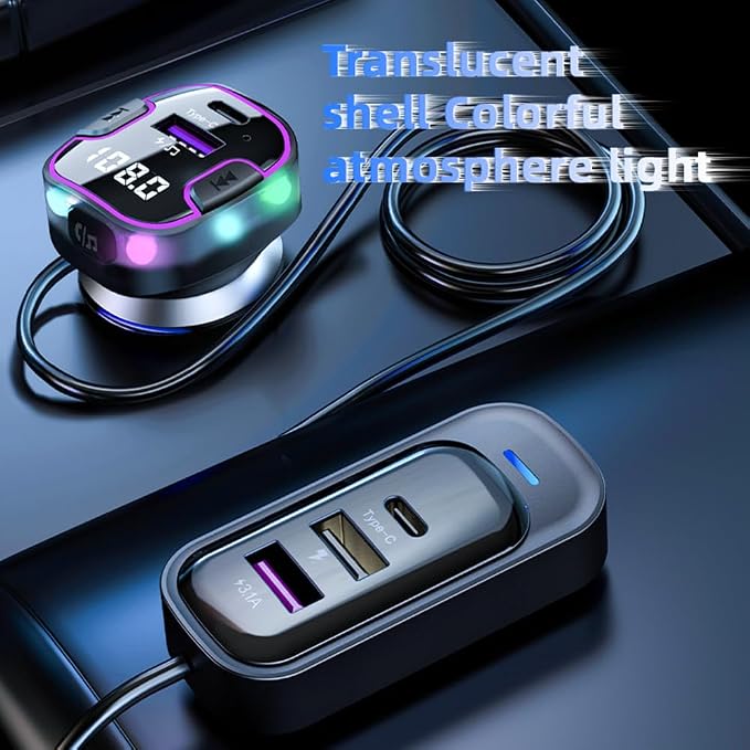 Bluetooth 5.3 Adapter for Car, 5 Ports Wireless FM Radio Transmitter for Car, Radio Bluetooth Receiver, Hands-Free Calling [U Disk &Colorful Ambient Lighting]