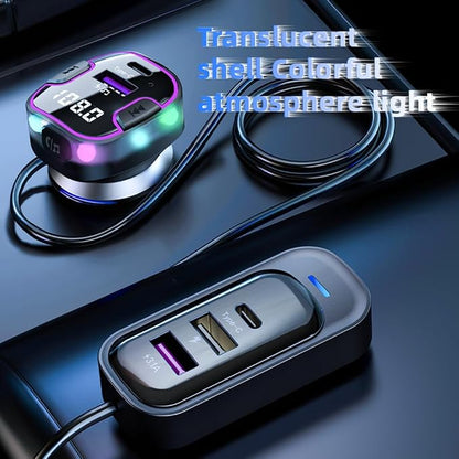 Bluetooth 5.3 Adapter for Car, 5 Ports Wireless FM Radio Transmitter for Car, Radio Bluetooth Receiver, Hands-Free Calling [U Disk &Colorful Ambient Lighting]