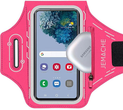 JEMACHE Armband for Samsung Galaxy S26 S25 S24 S23 S22 Ultra/Plus/FE, Gym Running Workouts Arm Band with Earbuds Holder (Rosy)