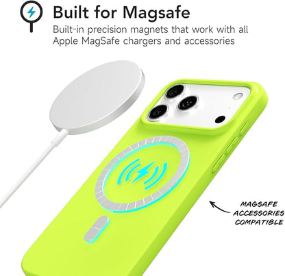 for iPhone 17 Pro Case Silicone Compatible with Magsafe Case, Ultra Slim Thin Magnetic Phone Cases Mag Safe, Cute Soft Rubber Gel TPU Matte Plain Wireless Charging Cover for Women, Neon Green