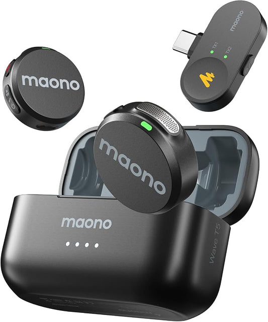 MAONO Wireless Lavalier Microphone for iPhone 17/16/15/Android/Tablet, USB C Mini Mic with 48KHz 24Bit, 300m Range, Voice Filter, Noise Cancellation, 30H Use for Video Recording, Streaming - Wave T5