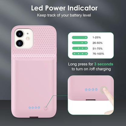Battery Case for iPhone 12/12 Pro,[2025 Upgraded] 10800mAh Ultra-Slim Portable Extended Charger Case Cover for iPhone 12/12 Pro Charging Case (6.1 Inch)-Pink