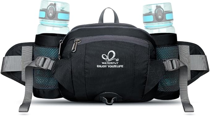 WATERFLY Fanny Pack Waist Bag: Fannie Pack 2 Water Bottle Holders Lumbar Belt Hiking Walking Running Jogging Camping Large Woman Man (Bottle Not Included)