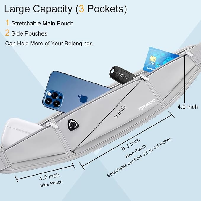 Water Resistant Fanny Pack，Slim Running Belt for Women Men，Waist Bag Running Phone Holder with 3 Zipper Pockets for iPhone 16 15 14 13 Samsung，Reflective Running Pouch for Walking Cycling Grey