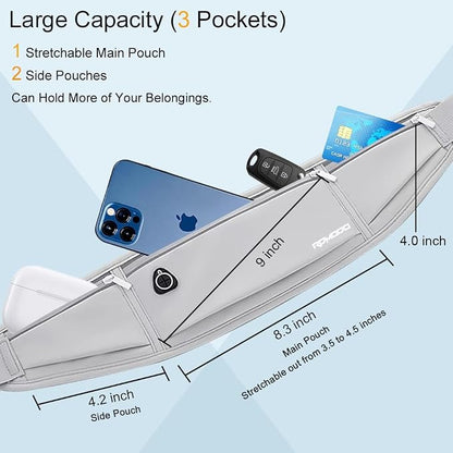 Water Resistant Fanny Pack，Slim Running Belt for Women Men，Waist Bag Running Phone Holder with 3 Zipper Pockets for iPhone 16 15 14 13 Samsung，Reflective Running Pouch for Walking Cycling Grey