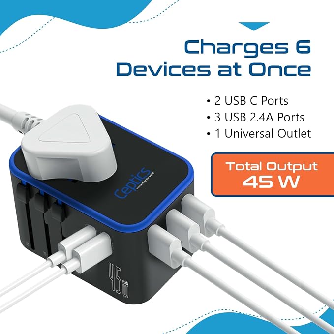 Ceptics Universal Travel Adapter, 45W International Power Adapter with PD & QC 3.0 Dual USB-C, 3 USB Travel Adapter Worldwide, Type I C G A Outlets - EU Euro US UK (11-KU)