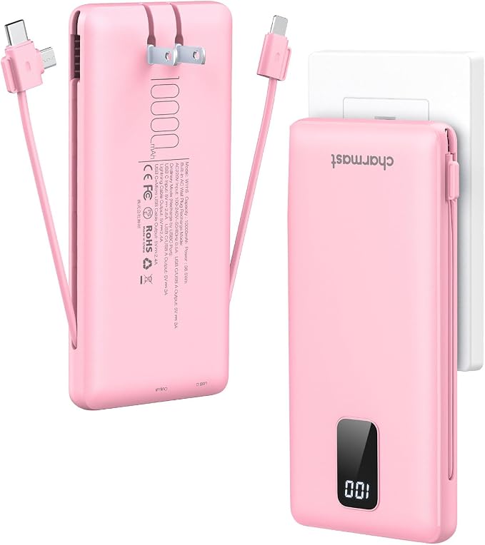 charmast Portable Charger with Built-in Cables and Wall Plug, 10000mAh USB C Portable Power Bank, Potable Phone Charger, Travel Essentials Compatible with iPhones, Samsung Galaxy, iPad