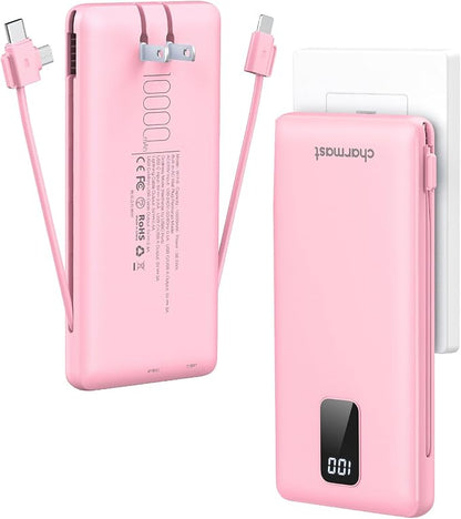 charmast Portable Charger with Built-in Cables and Wall Plug, 10000mAh USB C Portable Power Bank, Potable Phone Charger, Travel Essentials Compatible with iPhones, Samsung Galaxy, iPad