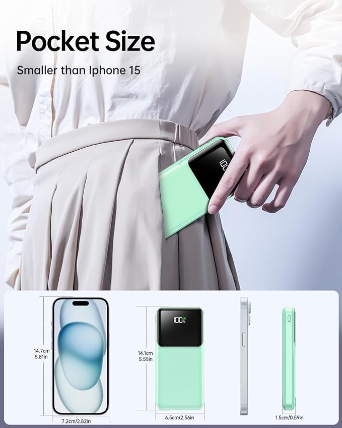 RONEGN Portable Charger with Built in Cable -20000mAh Fast Charging Power Bank USB C Slim 22.5W LED Display Battery Pack 5 Outputs & 3 Inputs for Travel Essentials iPhone Samsung Phones Green