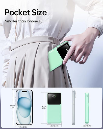 RONEGN Portable Charger with Built in Cable -20000mAh Fast Charging Power Bank USB C Slim 22.5W LED Display Battery Pack 5 Outputs & 3 Inputs for Travel Essentials iPhone Samsung Phones Green