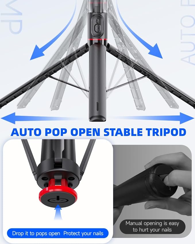 70" Automatic Pop-up Magnetic Selfie Stick, Auto-Open Tripod Stand with Remote, Compatible with Android 5.0 & iOS 5.1, 360° Rotatable, One-piece Design Portable Travel Tripod for Vlog/Video Recording