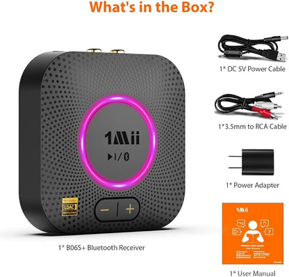 1Mii B06S+ LDAC Bluetooth 5.2 Receiver for Home Stereo Hi-Res Music Streaming, Hi-Fi Wireless Audio Adapter w/aptX HD Low Latency, Long Range Bluetooth Audio Receiver Volume Control, RCA/3.5mm Outputs