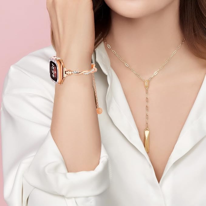 Bling Band Compatible with Fitbit Versa 4/Sense, Fitbit Versa 3/ Sense 2, Double Twist Metal Bangle Bracelet with Rhinestones for (Fitbit Versa 4/Sense 2, Rose Gold)