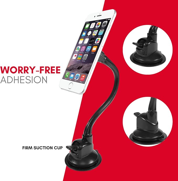 Macally Windshield Phone Mount for Car Magnetic - Suction Cup Window Mount Phone Holder with 8" Long Gooseneck Arm & Super Strong Magnet Mount for Smartphone and iPhone