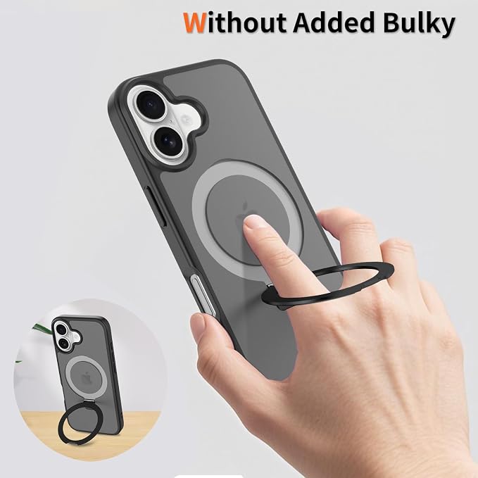 Ultra-Magnetic Stand for iPhone 17 Case [Military Drop Protection] [Compatible with MagSafe] Shockproof Translucent Matte Slim Ring Holder Case for iPhone 17 (Black)